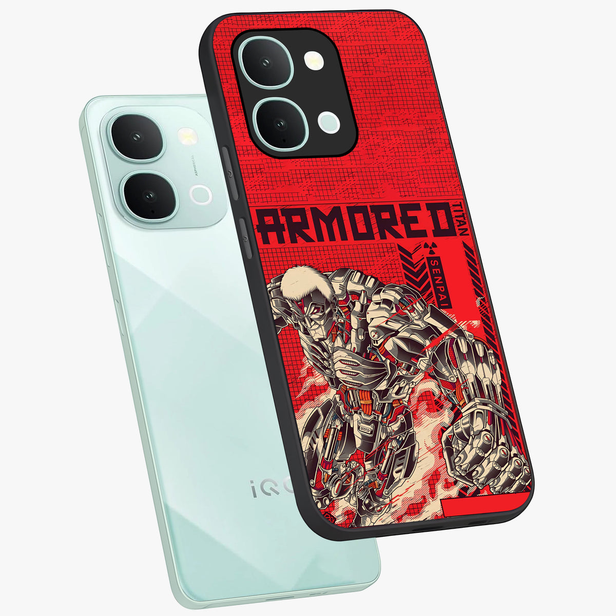 Crimson Mecha Titan Glass Case displayed in angled mockup highlighting futuristic mech illustration with bold crimson aesthetic.