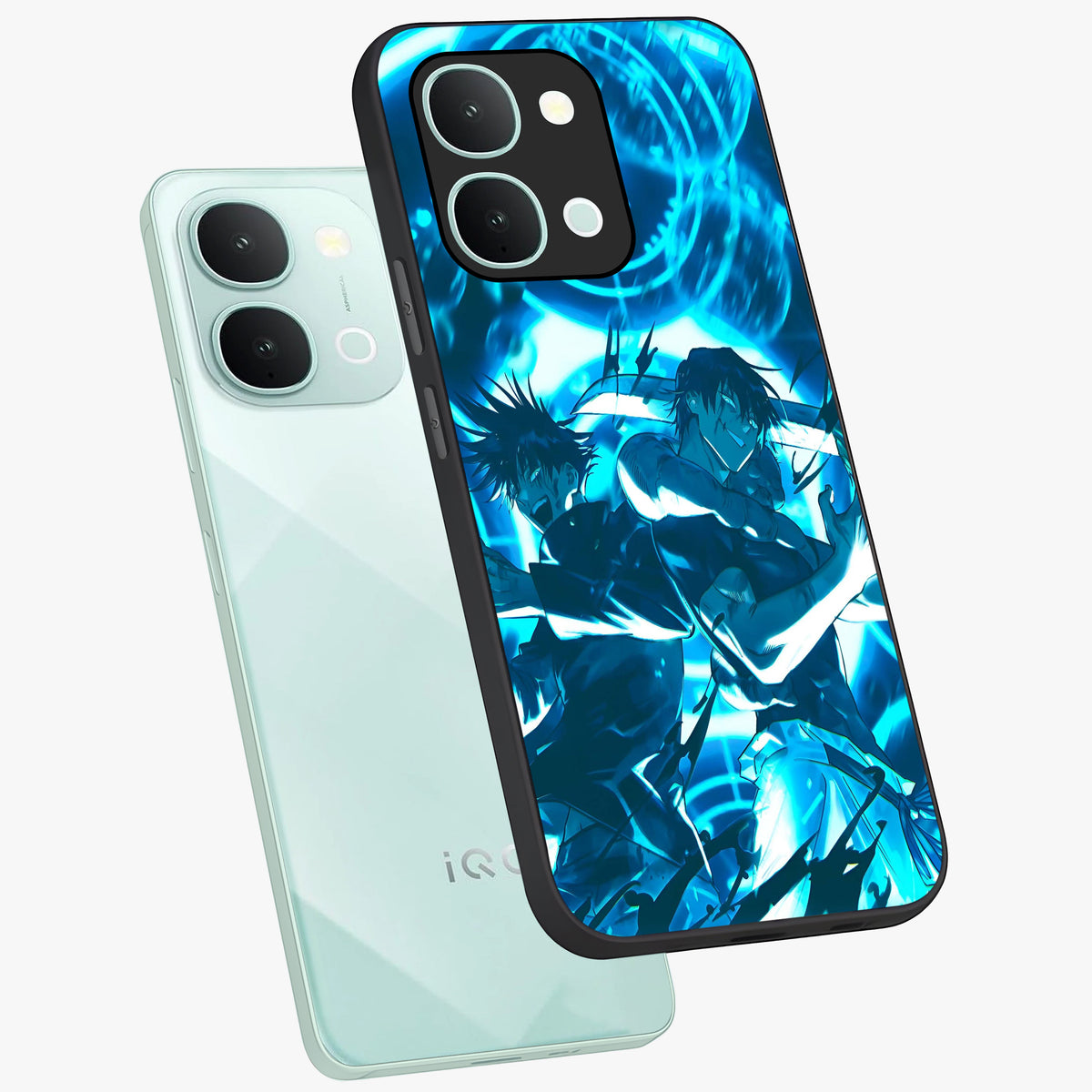 Cursed Energy Clash Glass Case displayed in angled mockup highlighting powerful battle inspired graphic with anime style aesthetic.