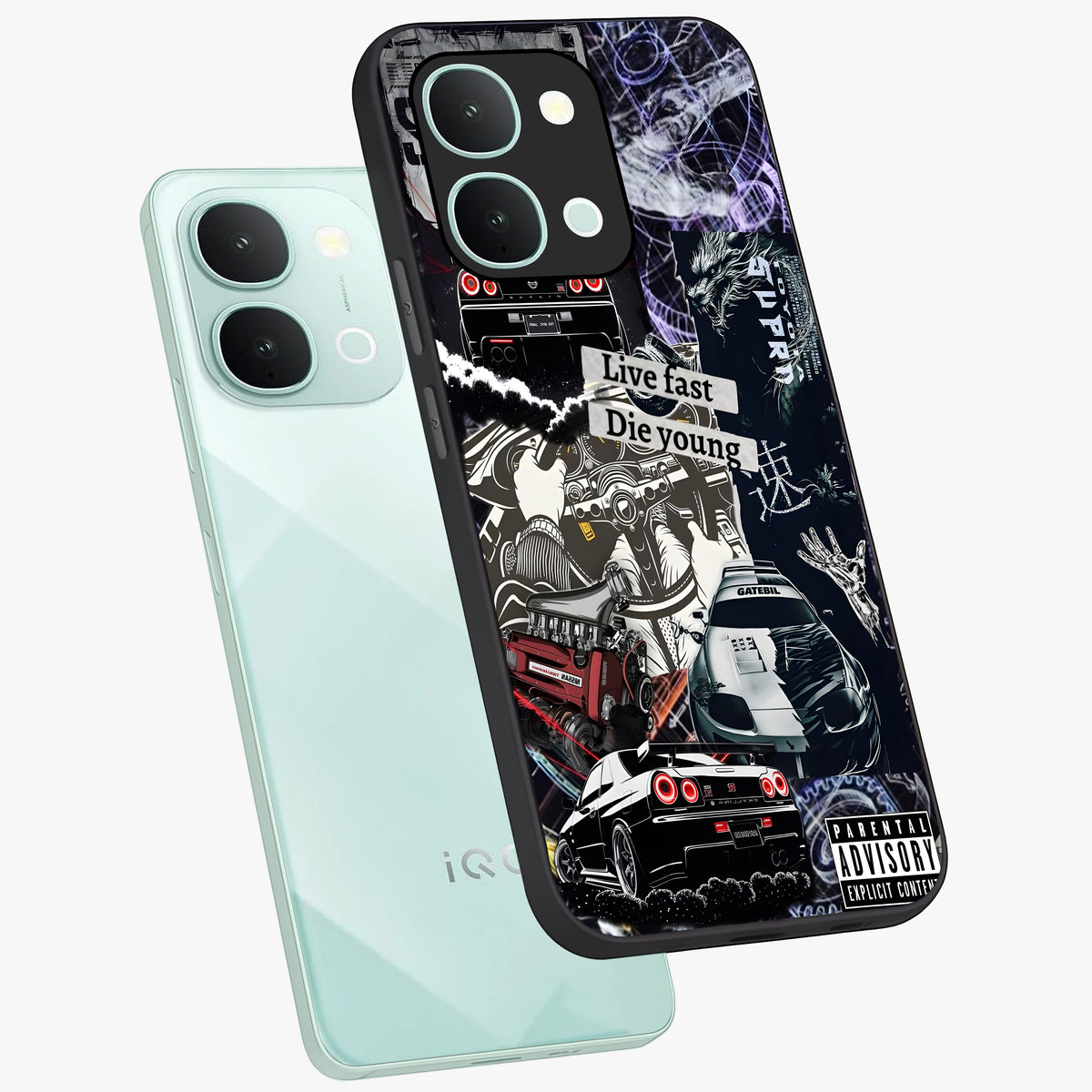 Die Young Glass Case displayed in angled mockup highlighting expressive graphic artwork with edgy aesthetic style.