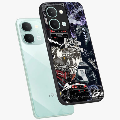 Die Young Glass Case displayed in angled mockup highlighting expressive graphic artwork with edgy aesthetic style.