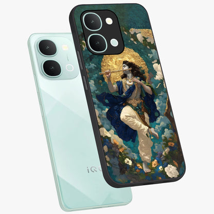 Divine Krishna Art Glass Case displayed in angled mockup highlighting spiritual Krishna illustration with devotional aesthetic.