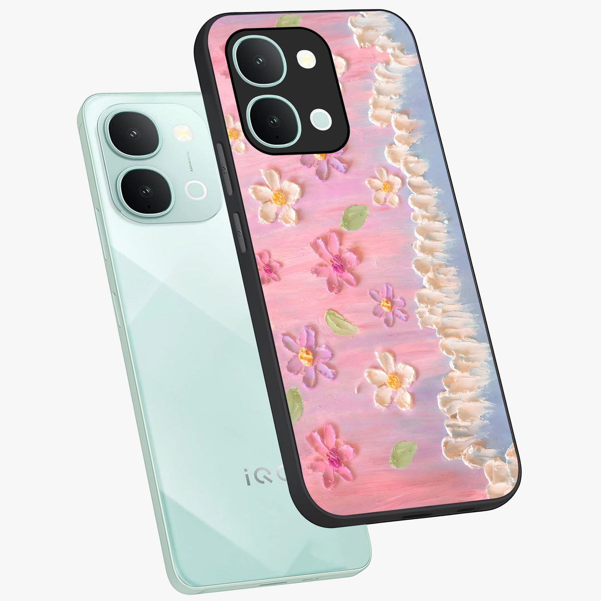 Dreamy Painted Garden Glass Case displayed in angled mockup highlighting colorful garden illustration with dreamy aesthetic style.