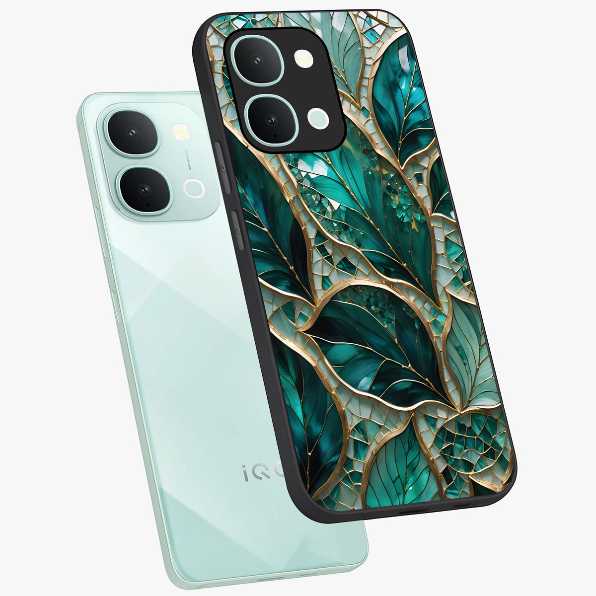 Emerald Leaf Glass Glass Case displayed in angled mockup highlighting botanical leaf illustration with elegant natural aesthetic.