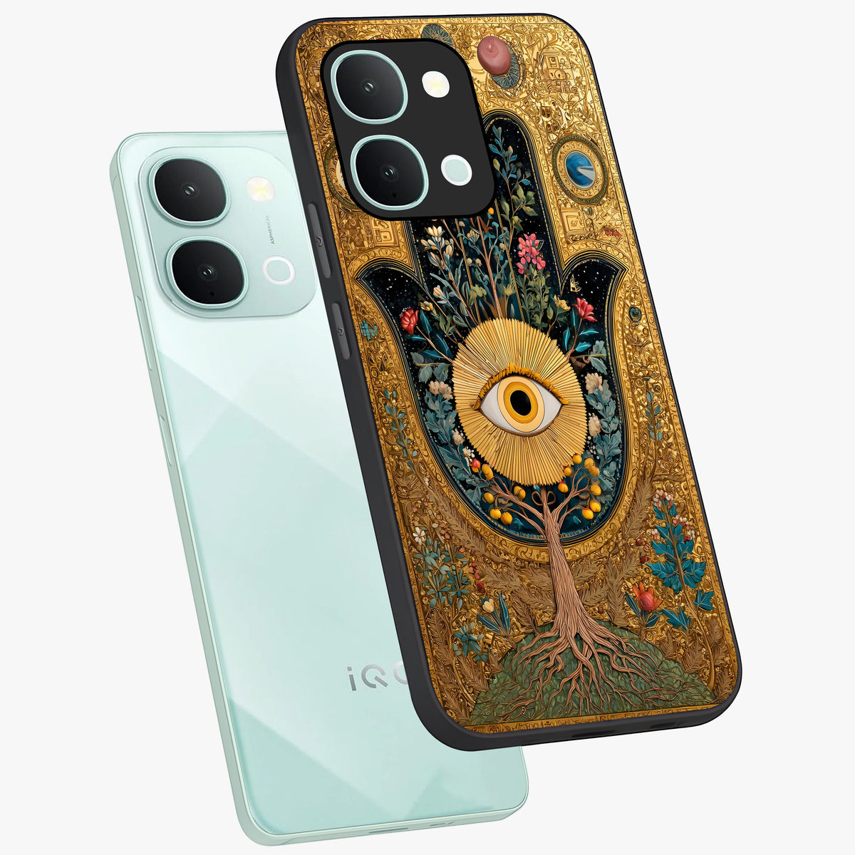 Ethereal Evil Eye Glass Case displayed in angled mockup highlighting protective evil eye symbol with spiritual aesthetic design.
