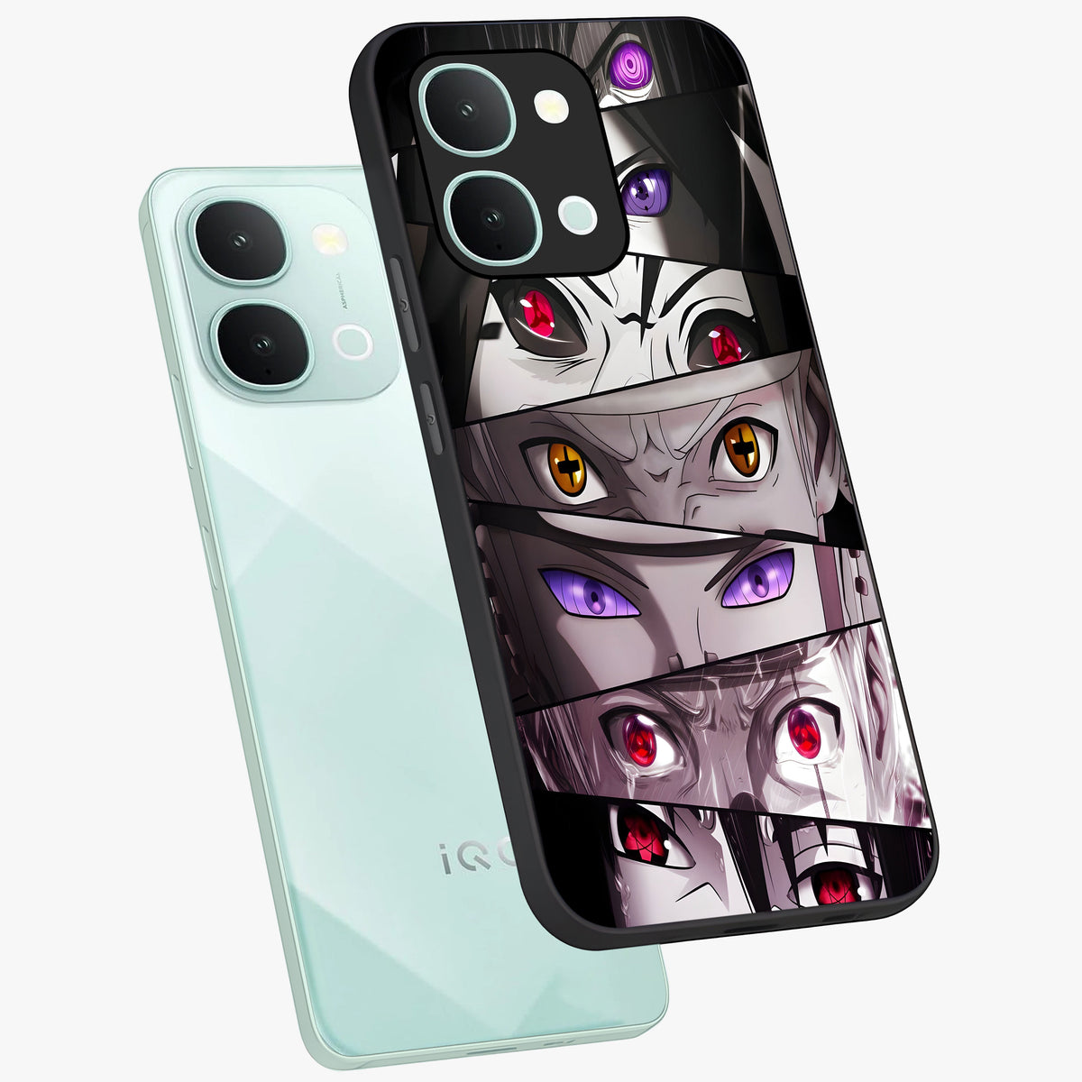 Eyes of Destiny Glass Case displayed in angled mockup highlighting bold eye illustration with mystical aesthetic style.