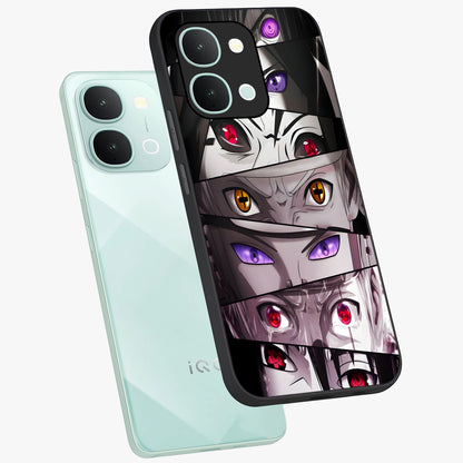 Eyes of Destiny Glass Case displayed in angled mockup highlighting bold eye illustration with mystical aesthetic style.