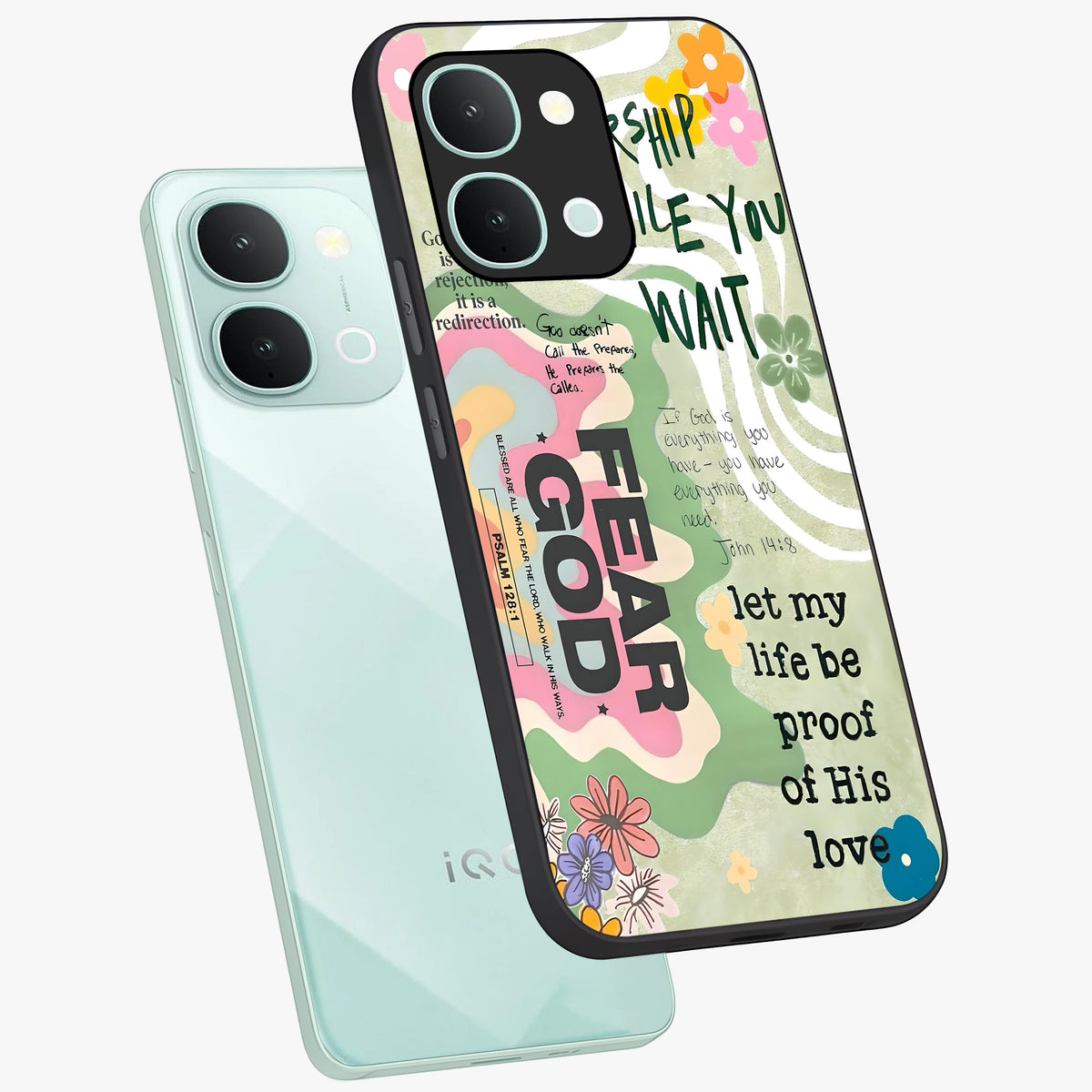 Faith Over Fear Glass Case displayed in angled mockup highlighting inspirational message design with modern aesthetic style.