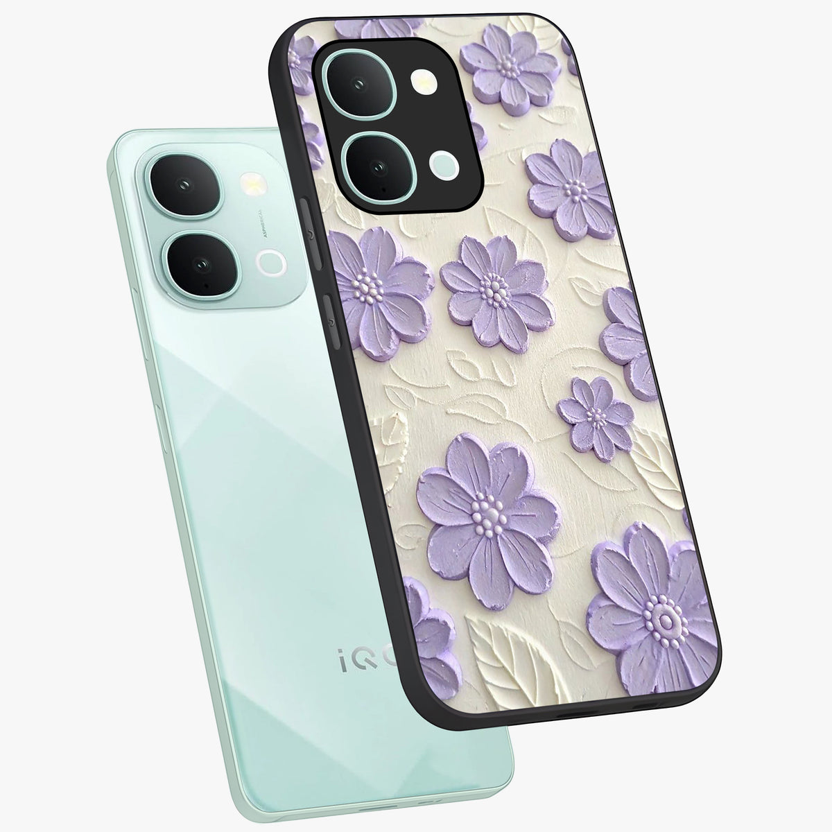 Floral Wall Art With Purple Flowers Glass Case displayed in angled mockup highlighting vibrant purple floral illustration with artistic aesthetic.