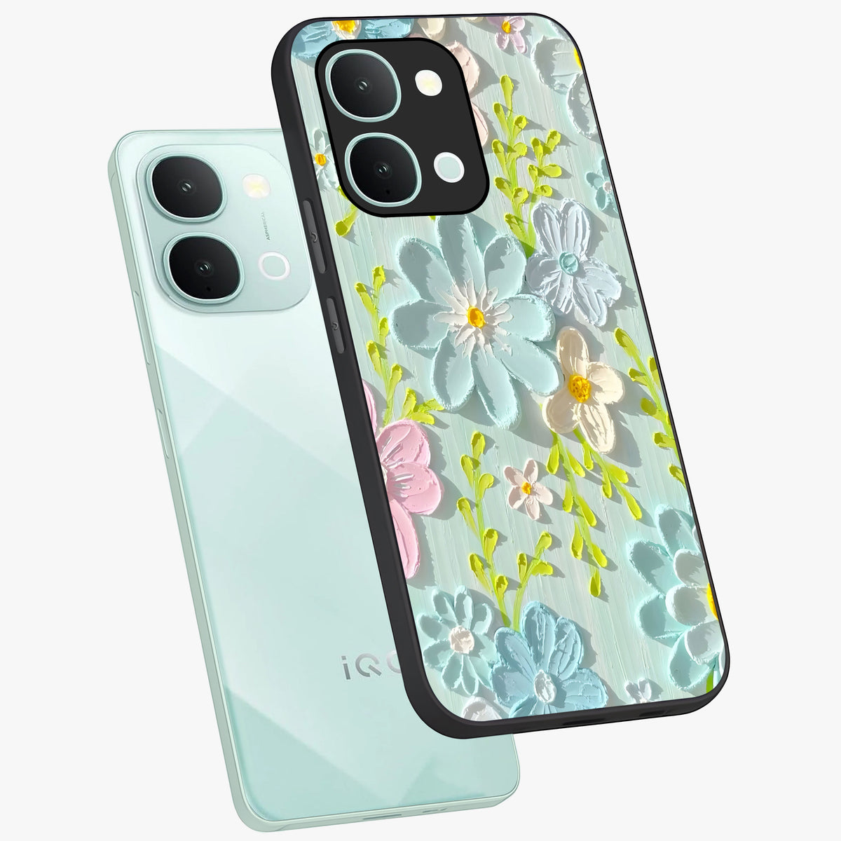Frosted Petal Garden Glass Case displayed in angled mockup highlighting delicate flower petal design with calm garden aesthetic.