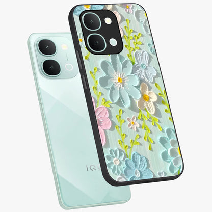 Frosted Petal Garden Glass Case displayed in angled mockup highlighting delicate flower petal design with calm garden aesthetic.
