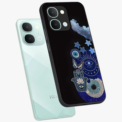 Galactic Charm Cluster Glass Case displayed in angled mockup highlighting luminous galaxy inspired design with dreamy aesthetic.