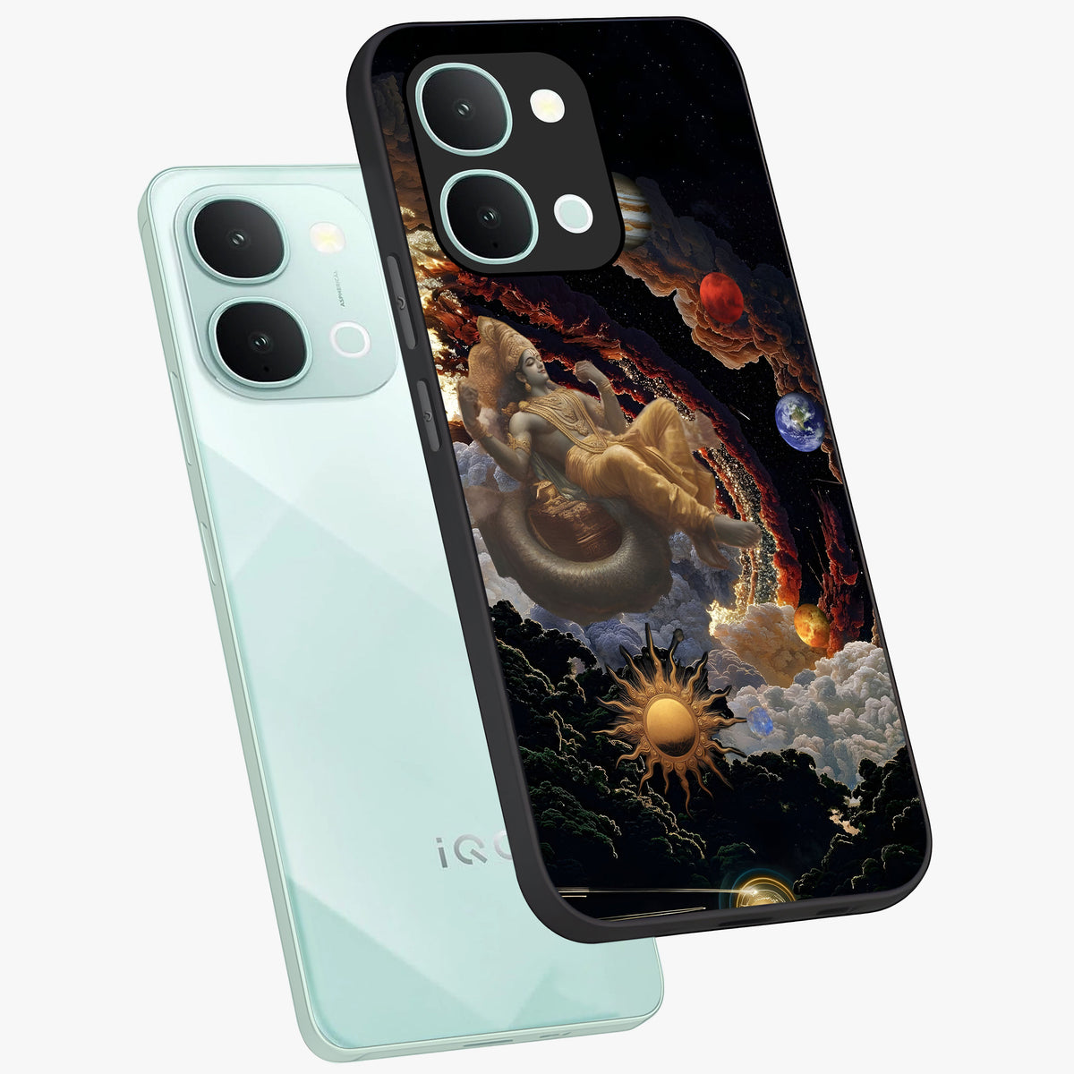 Galactic Divine God Glass Case displayed in angled mockup highlighting powerful celestial deity illustration with galactic aesthetic.