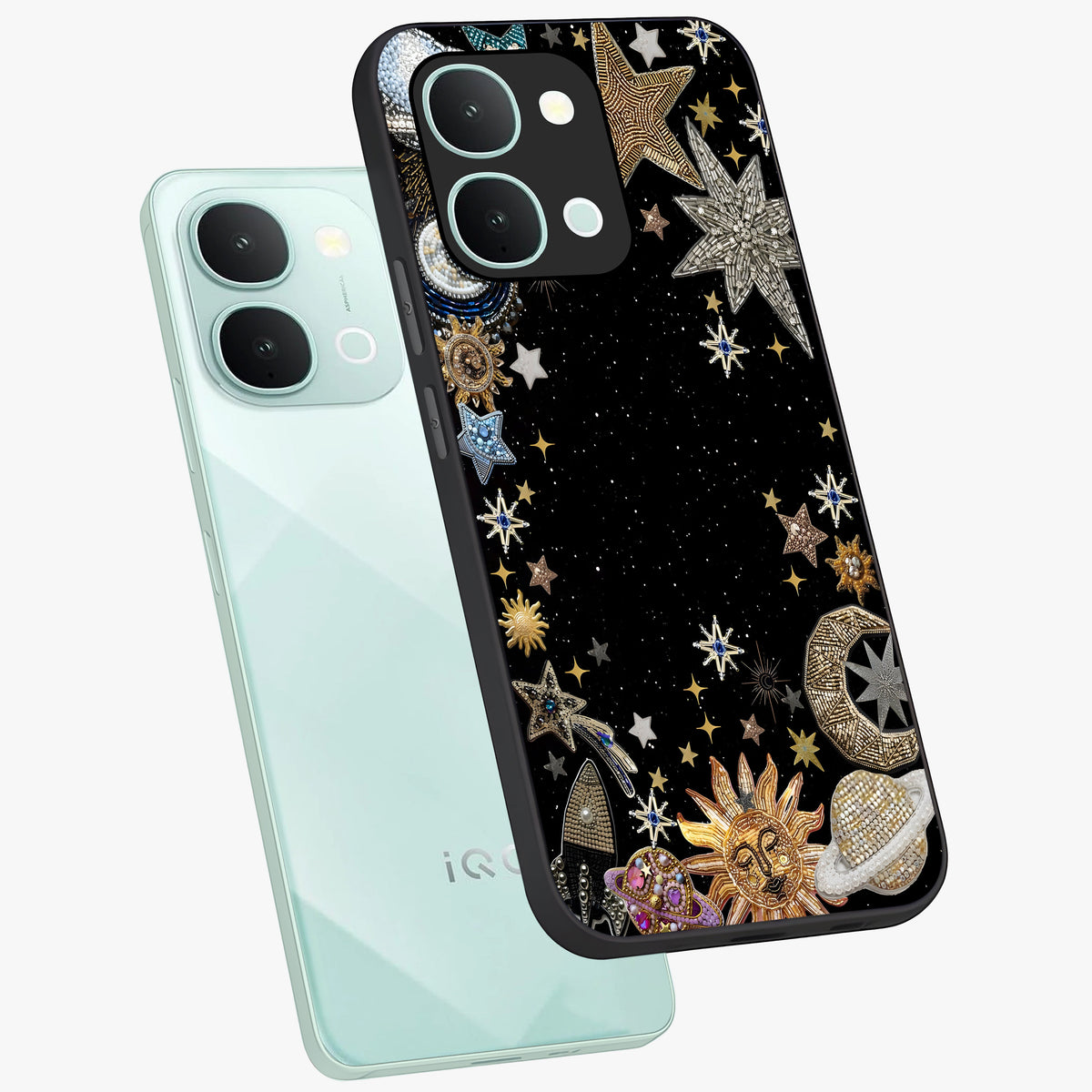 Galactic Jewel Stars Glass Case displayed in angled mockup highlighting shining celestial star design with cosmic aesthetic style.