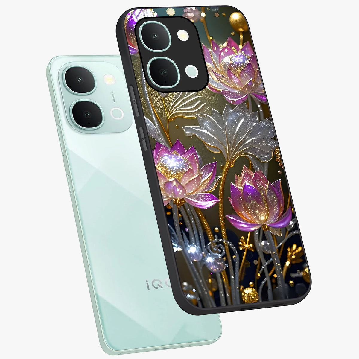 Golden Floral Majesty Glass Case displayed in angled mockup highlighting elegant flower design with royal golden aesthetic.