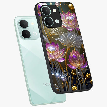 Golden Floral Majesty Glass Case displayed in angled mockup highlighting elegant flower design with royal golden aesthetic.