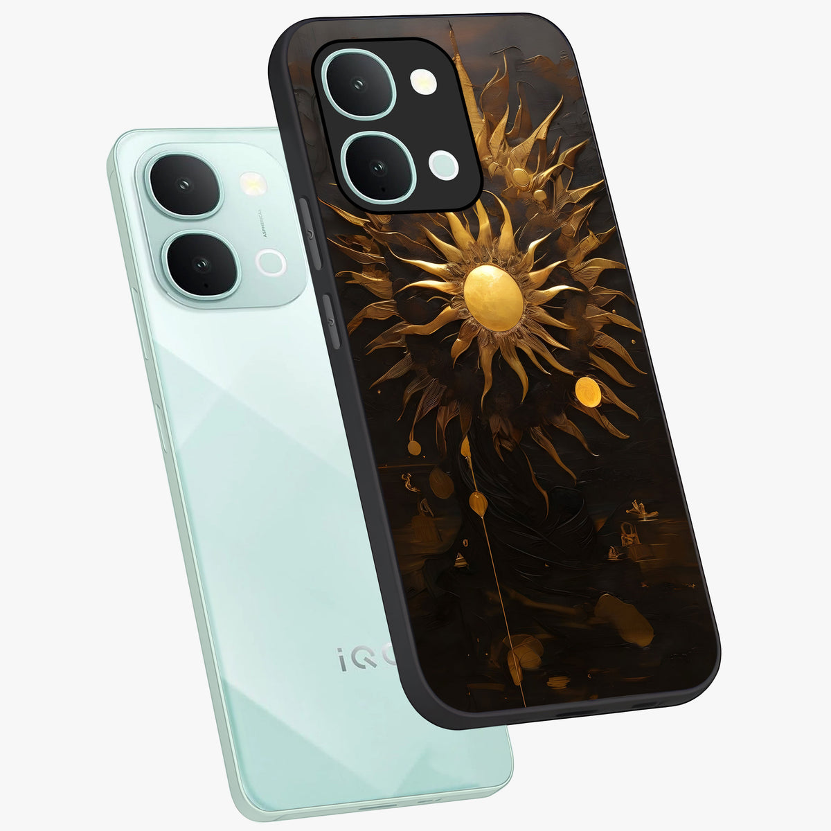 Golden Sun Majesty Glass Case displayed in angled mockup highlighting eerie shadow illustration with gothic aesthetic.