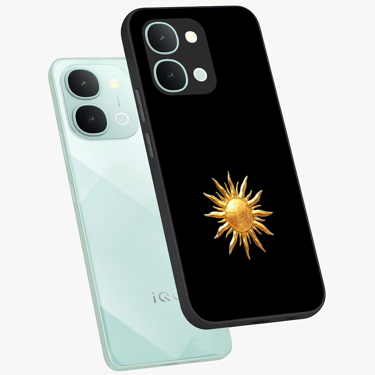 Golden Sun Minimalism Glass Case displayed in angled mockup highlighting eerie shadow illustration with gothic aesthetic.