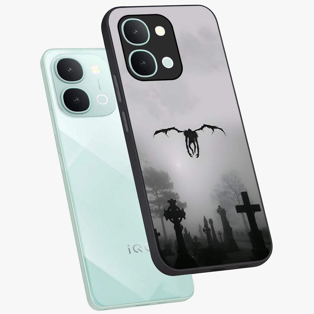 Graveyard Shadow Descent Glass Case displayed in angled mockup highlighting eerie shadow illustration with gothic aesthetic.