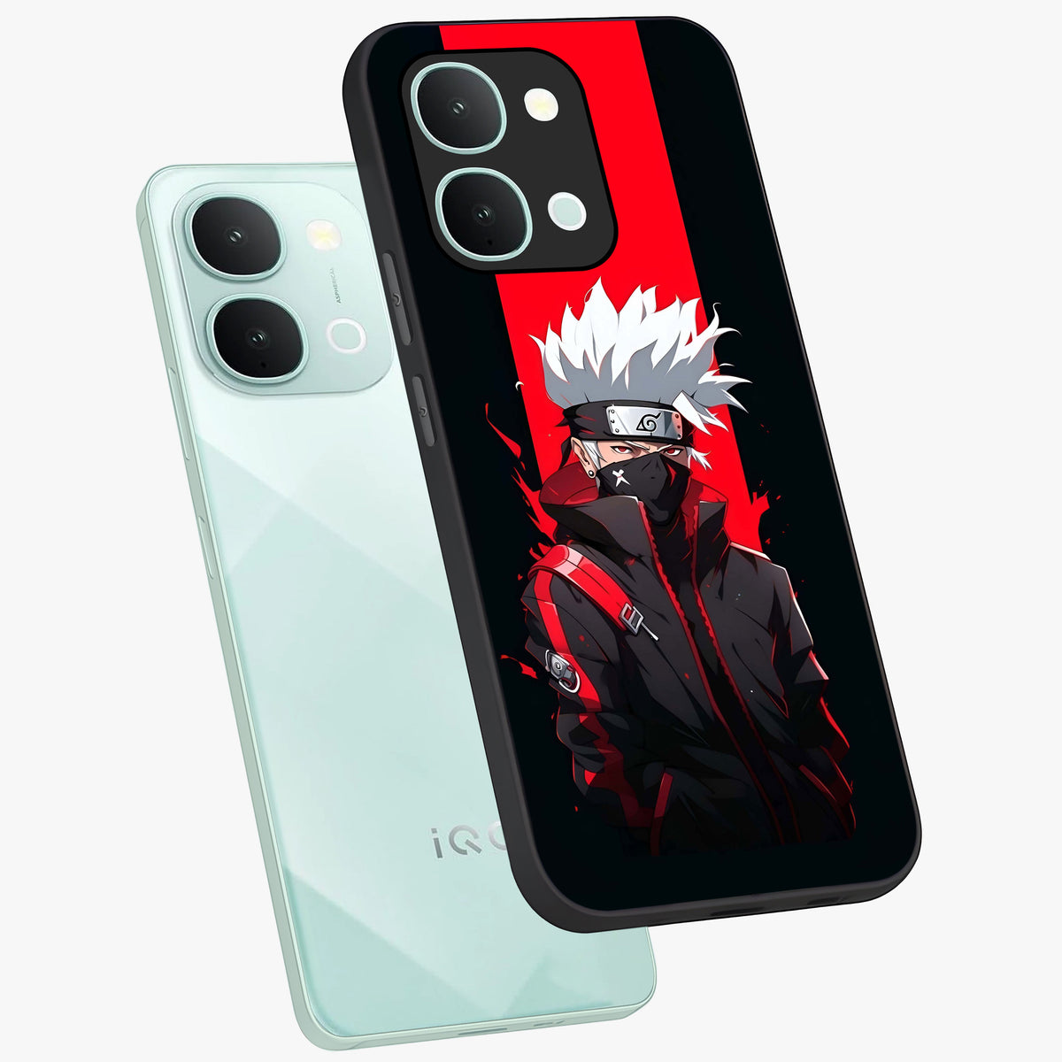 Kakashi Scarlet Shadow Glass Case displayed in angled mockup highlighting dramatic ninja illustration with scarlet themed aesthetic.
