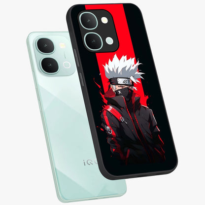 Kakashi Scarlet Shadow Glass Case displayed in angled mockup highlighting dramatic ninja illustration with scarlet themed aesthetic.