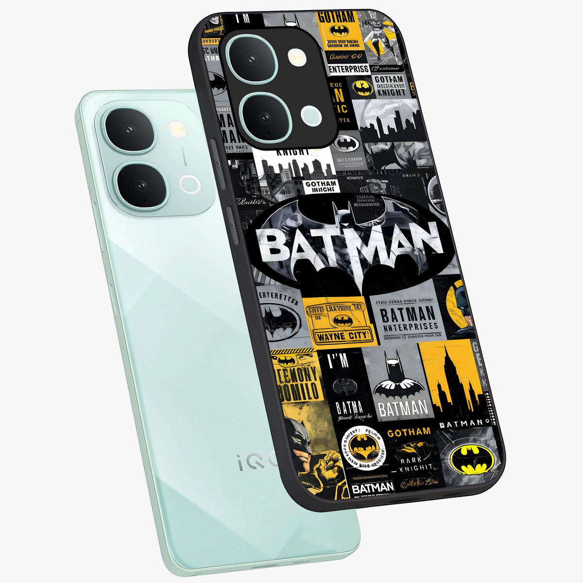 Knight Gotham Rise Glass Case displayed in angled mockup highlighting powerful knight silhouette design with dramatic aesthetic.