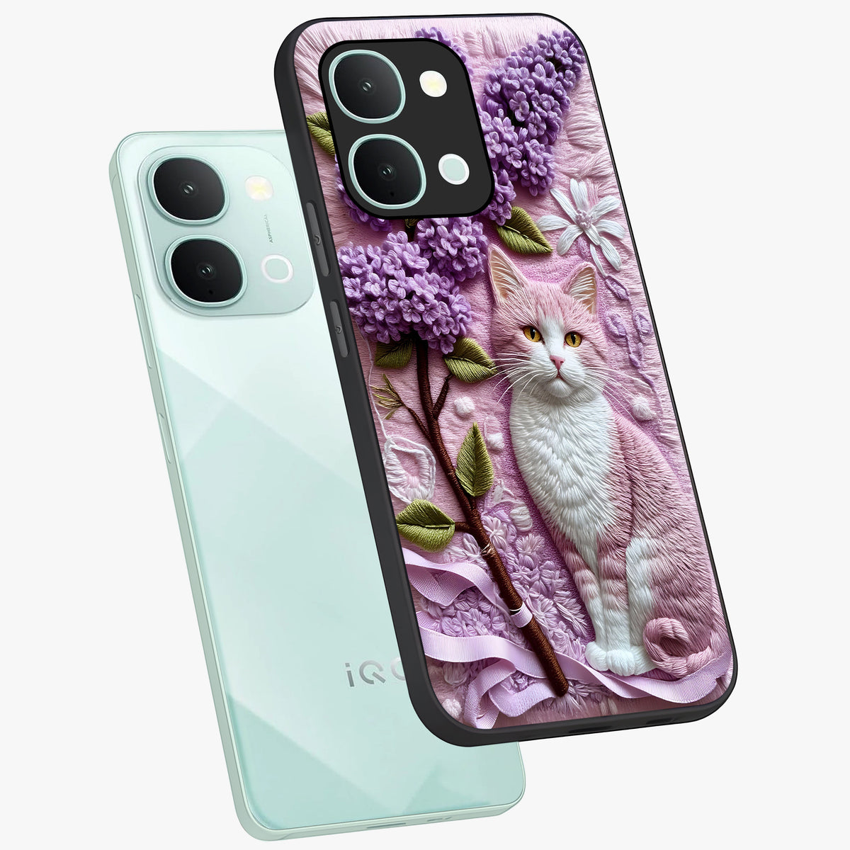 Lavender Cat Whimsy Glass Case displayed in angled mockup highlighting playful feline illustration with pastel lavender aesthetic.