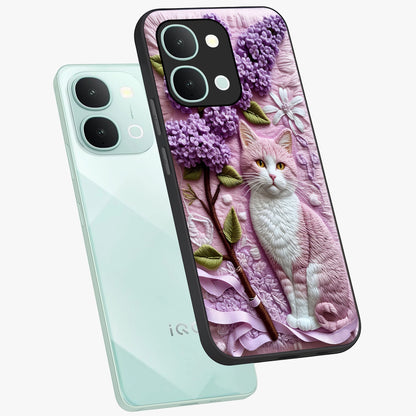 Lavender Cat Whimsy Glass Case displayed in angled mockup highlighting playful feline illustration with pastel lavender aesthetic.