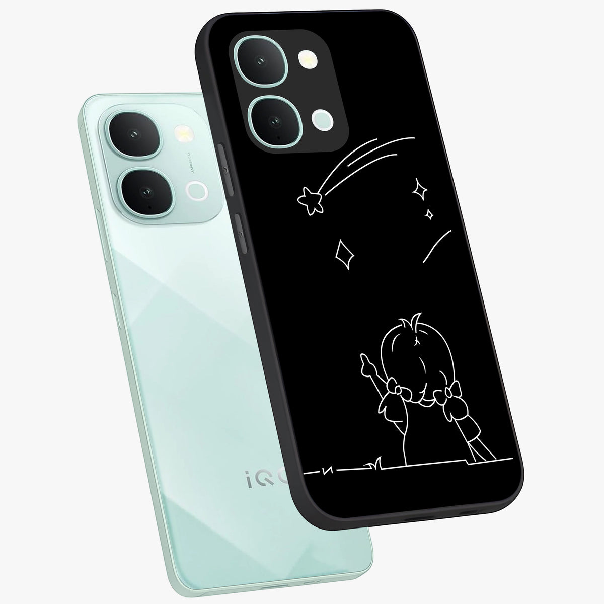 Line Art Girl With Shooting Stars Glass Case displayed in angled mockup highlighting elegant line art design with dreamy star aesthetic.