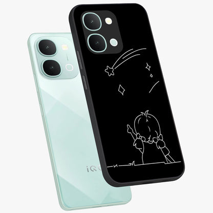 Line Art Girl With Shooting Stars Glass Case displayed in angled mockup highlighting elegant line art design with dreamy star aesthetic.