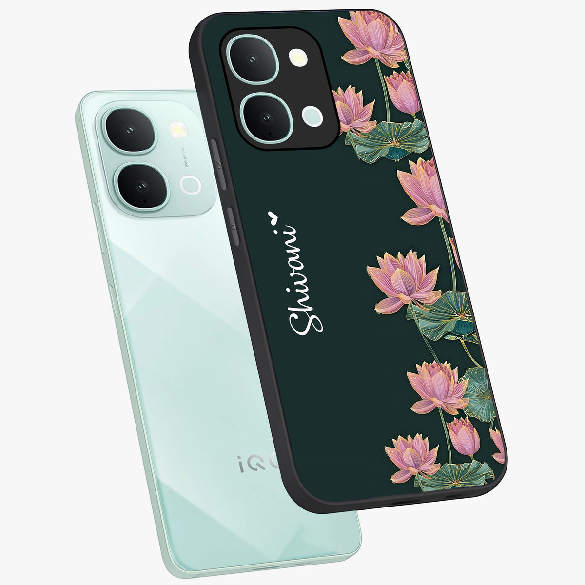 Lotus Bloom Serenity Custom Name Glass Case displayed in angled mockup highlighting graceful lotus illustration with custom name feature.