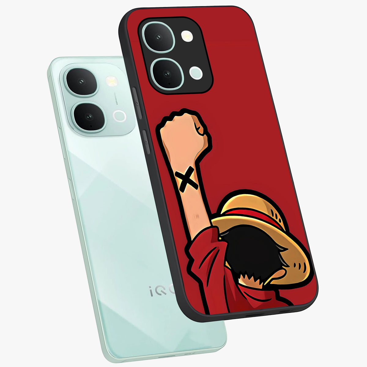 Luffy X Spirit Glass Case displayed in angled mockup highlighting powerful anime design with energetic action aesthetic.