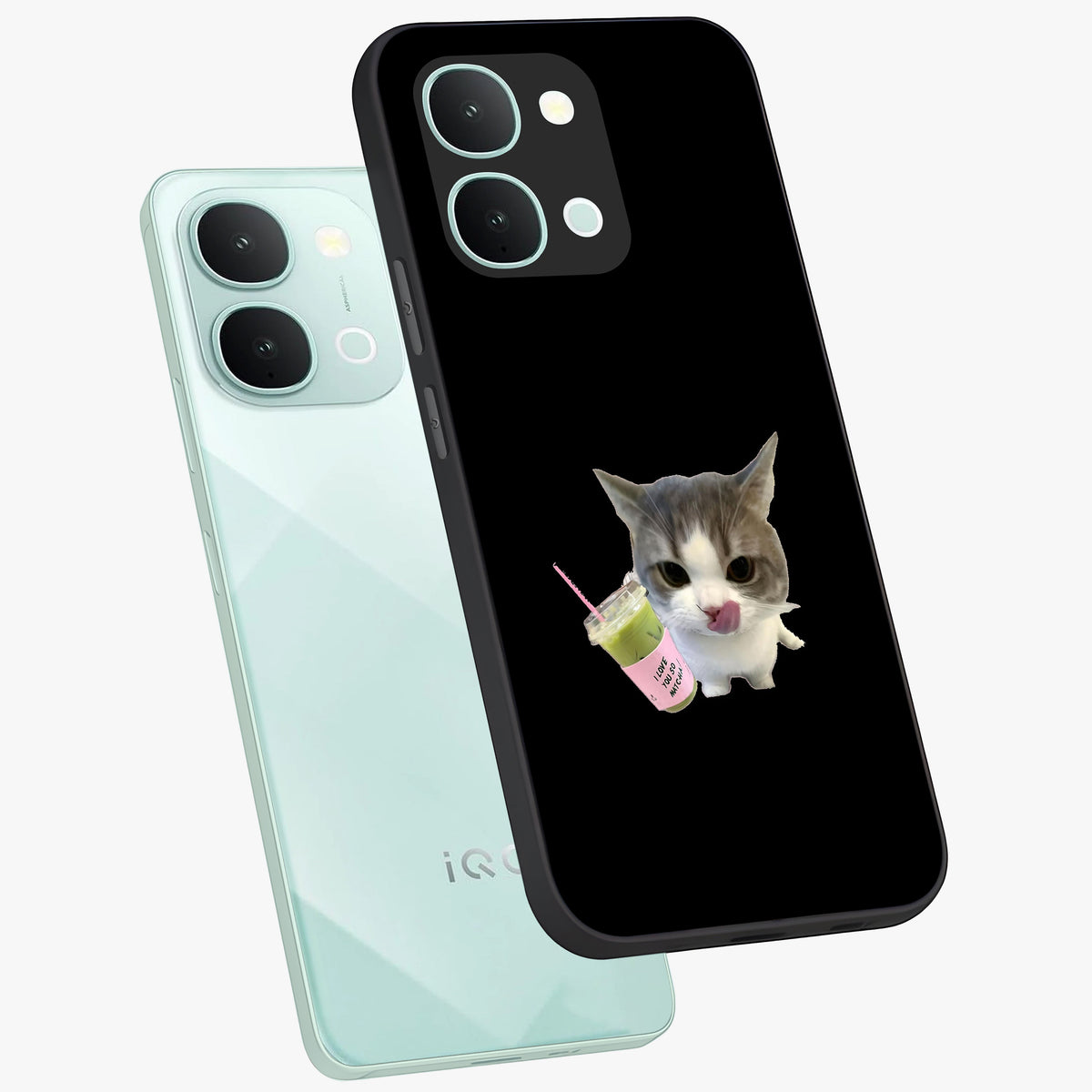 Matcha Cat Style Glass Case displayed in angled mockup highlighting playful feline design with pastel matcha aesthetic.