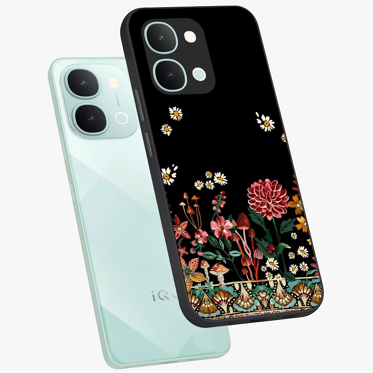Midnight Bloom Pattern Glass Case displayed in angled mockup highlighting elegant flower design with midnight aesthetic style.