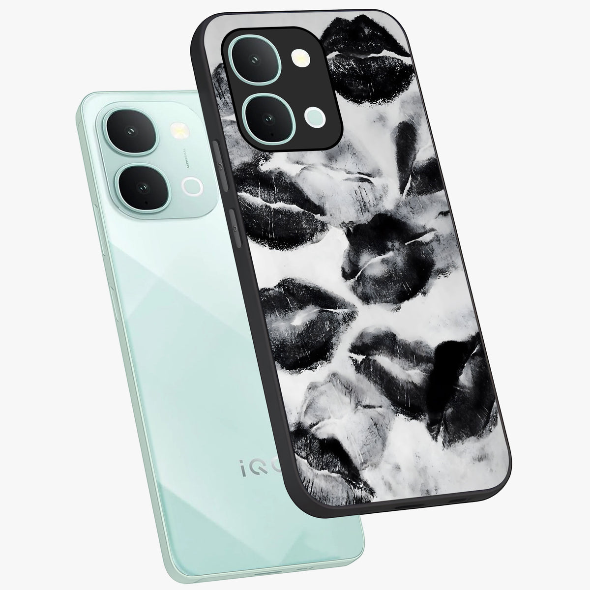 Midnight Kiss Marks Glass Case displayed in angled mockup highlighting playful romantic design with bold midnight aesthetic.