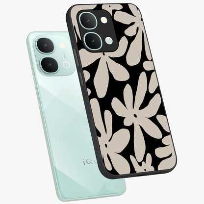 Monochrome Petal Dance Glass Case displayed in angled mockup highlighting elegant petal design with black and white aesthetic.