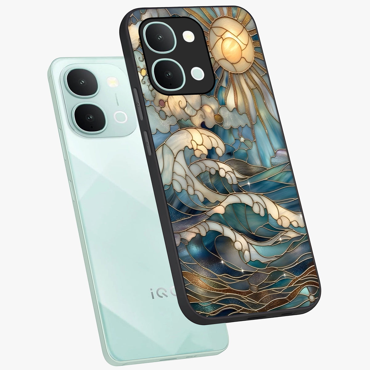 Oceanic Stained Printed Glass Case displayed in angled mockup highlighting colorful aquatic design with artistic aesthetic style.