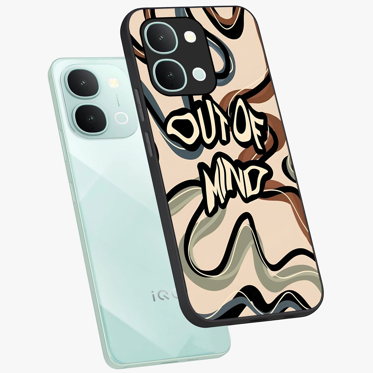 Out Of Mind Glass Case displayed in angled mockup highlighting bold statement design with modern artistic aesthetic.