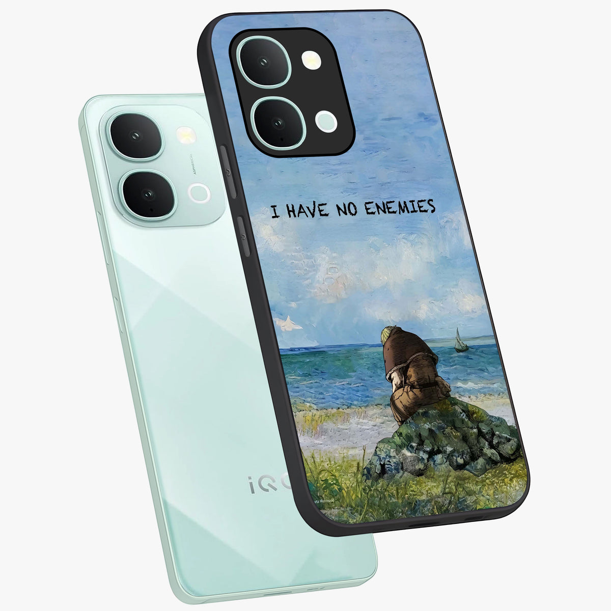 Peace Beyond War Glass Case displayed in angled mockup highlighting meaningful message design with artistic aesthetic style.