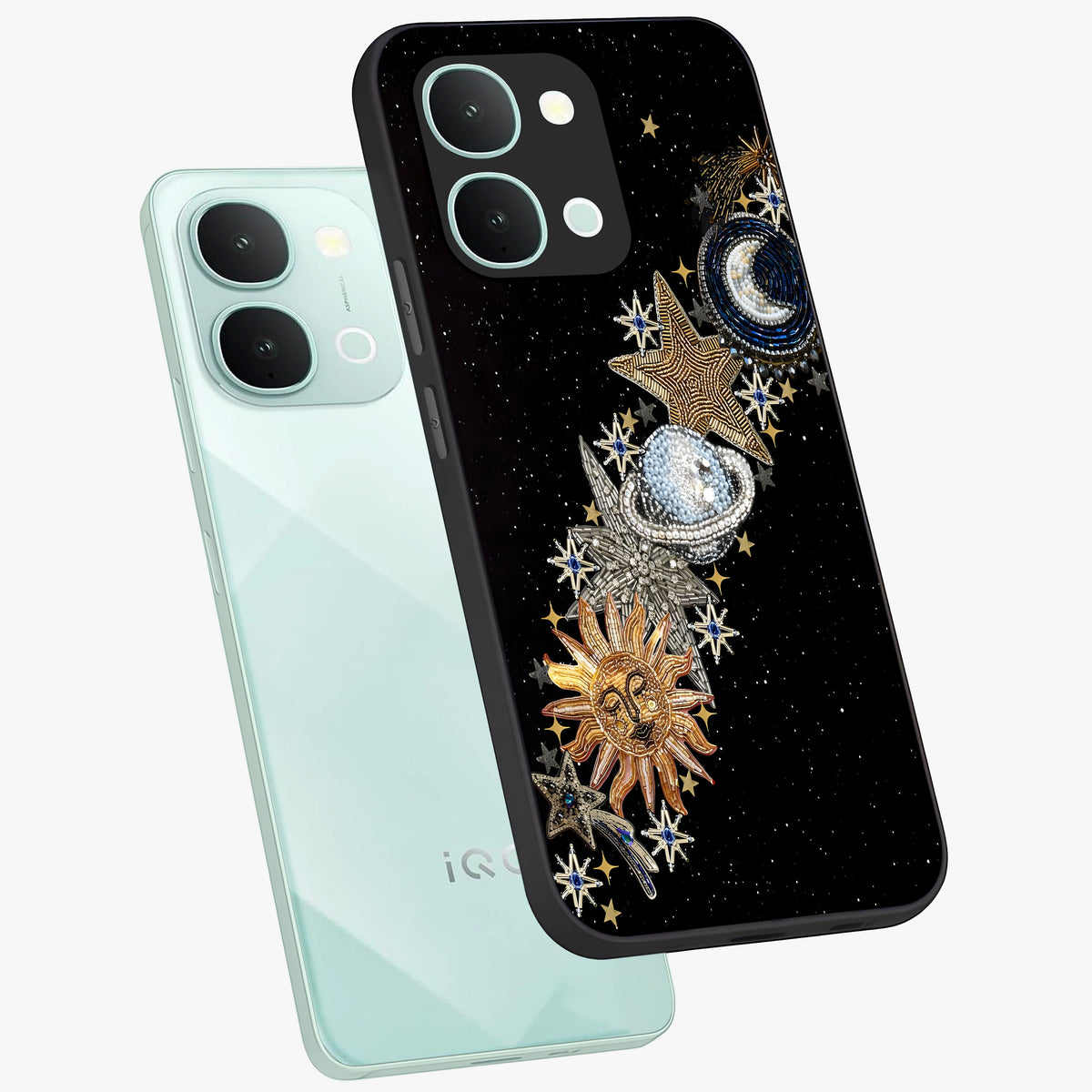 Pearls Universe Object Glass Case displayed in angled mockup highlighting celestial pearl design with dreamy aesthetic.