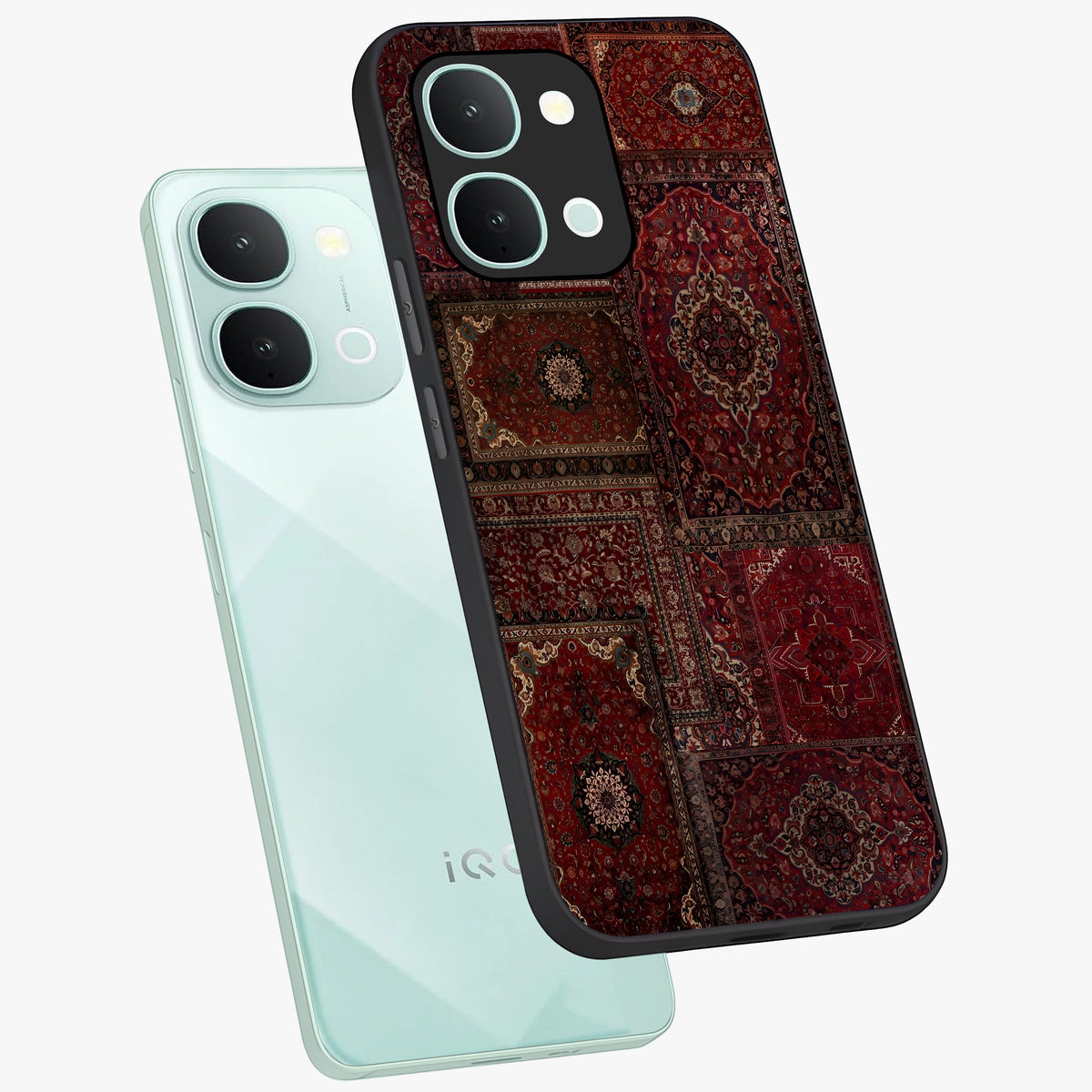 Persian Velvet Tale Glass Case displayed in angled mockup highlighting ornate textile inspired design with royal aesthetic.