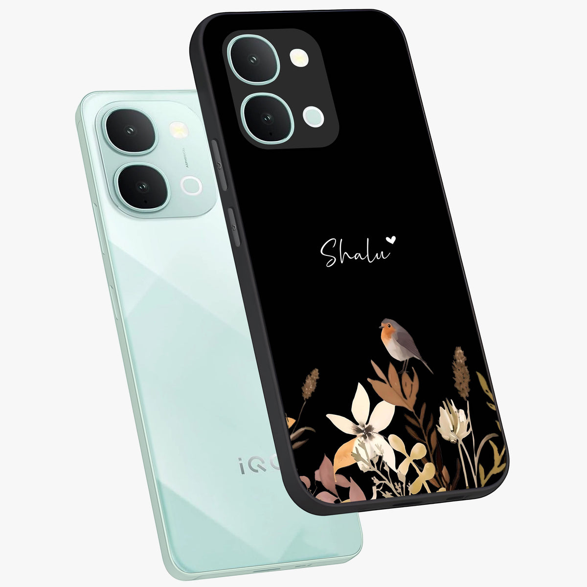 Quiet Garden Tune Custom Name Glass Case displayed in angled mockup highlighting delicate floral garden design with custom name feature.