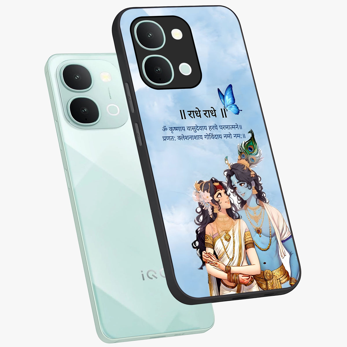 Radha Krishna Eternal Glass Case displayed in angled mockup highlighting divine Radha Krishna illustration with spiritual aesthetic.