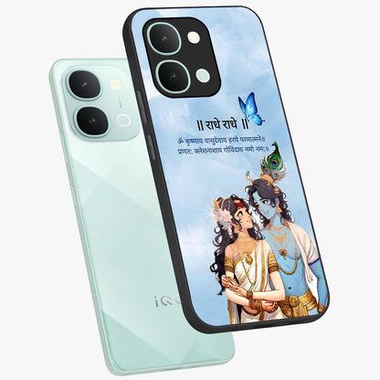 Radha Krishna Eternal Glass Case displayed in angled mockup highlighting divine Radha Krishna illustration with spiritual aesthetic.