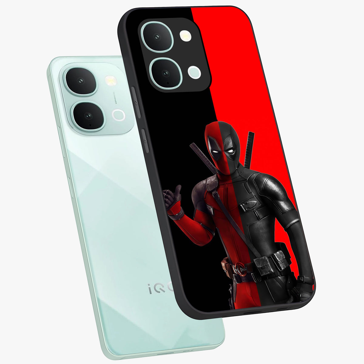 Red & Black Deadpool Theme Glass Case displayed in angled mockup highlighting vibrant superhero style illustration with action aesthetic.