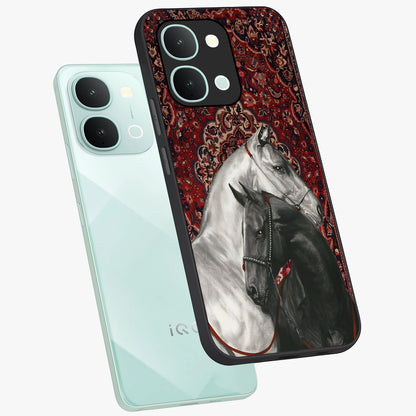 Regal Stallion Tapestry Glass Case displayed in angled mockup highlighting royal stallion design with decorative heritage aesthetic.