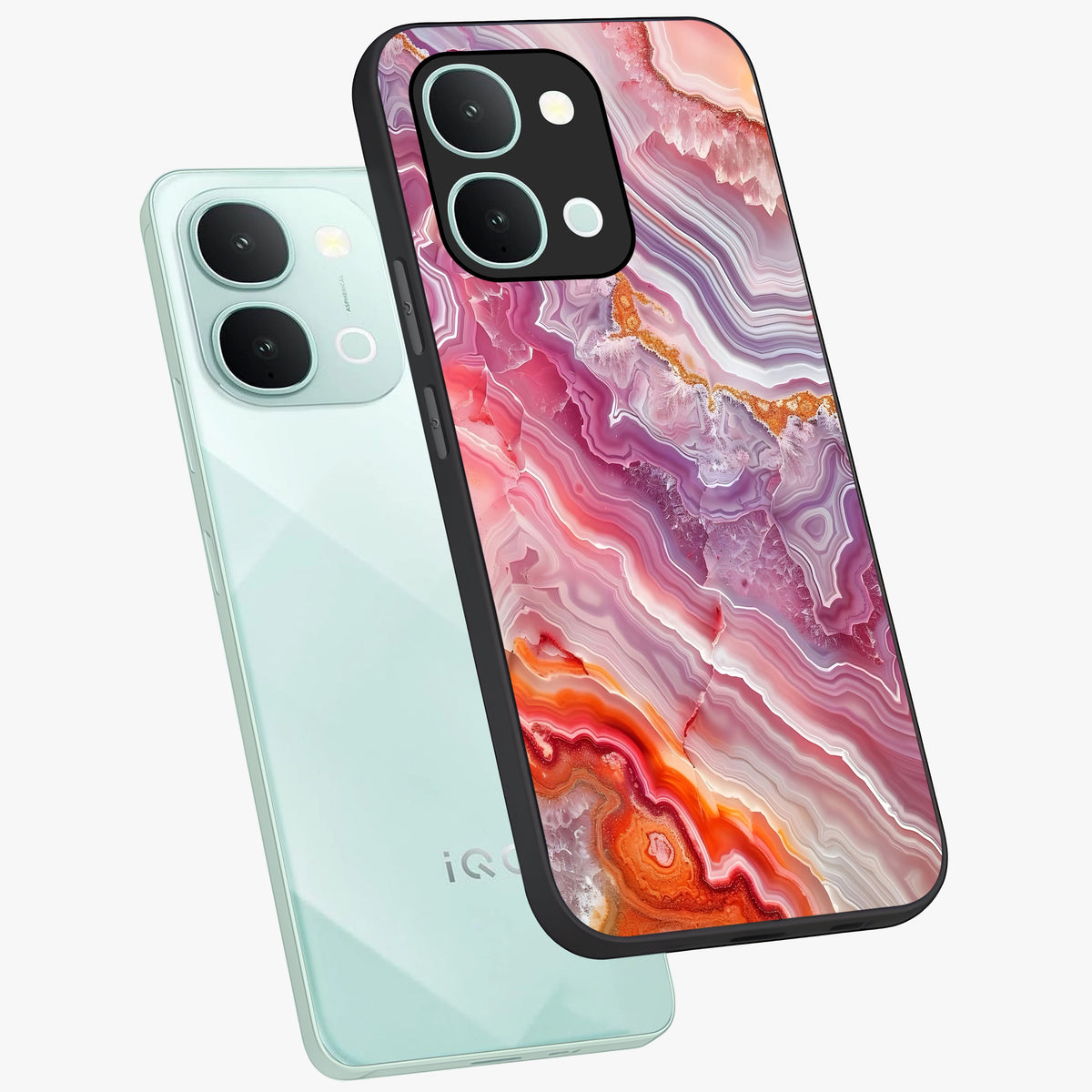 Rose Quartz Marble Glass Case displayed in angled mockup highlighting elegant marble pattern with soft aesthetic style.