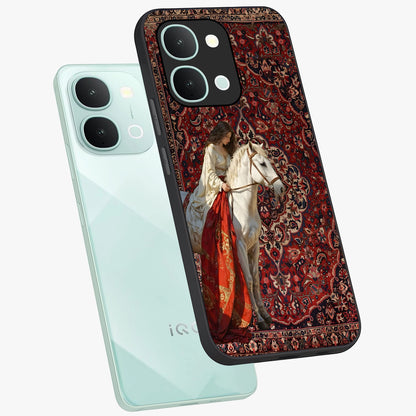 Royal Rider Tapestry Glass Case displayed in angled mockup highlighting traditional tapestry design with royal heritage aesthetic.