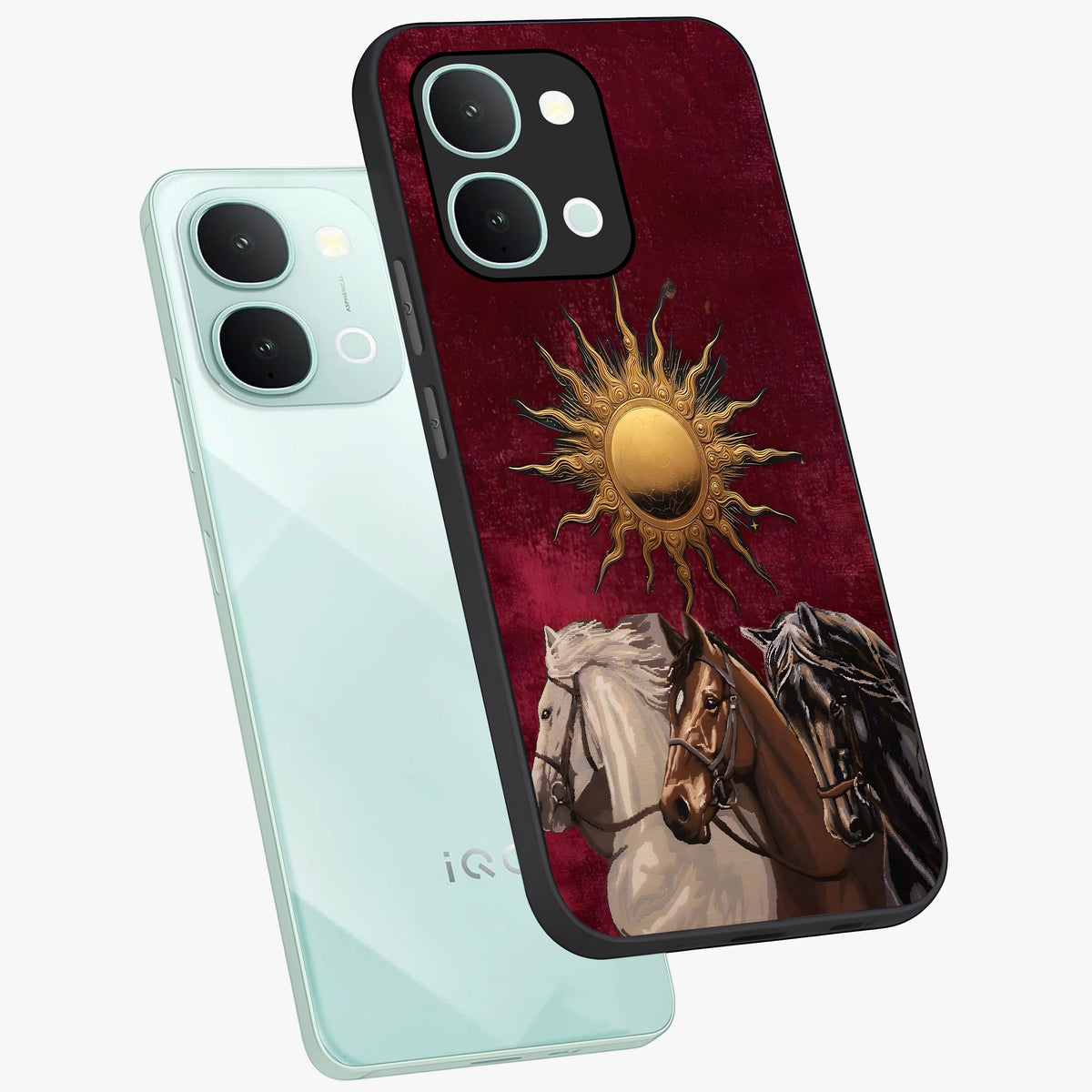 Solar Riders Glass Case displayed in angled mockup highlighting powerful rider illustration with radiant solar aesthetic.