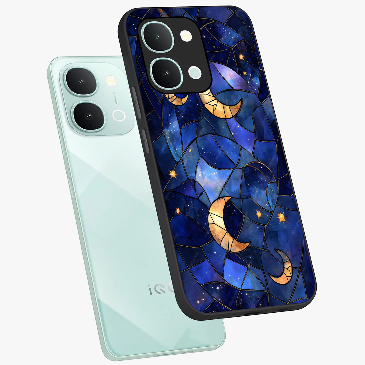 Starlit Sky Tapestry Glass Case displayed in angled mockup highlighting celestial night pattern with artistic aesthetic style.