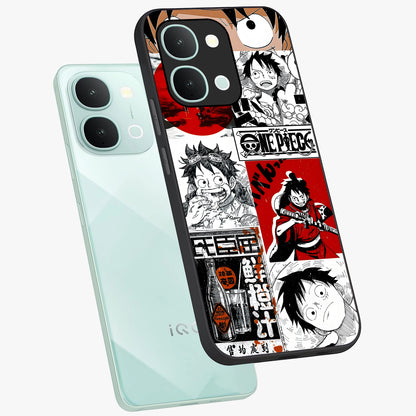 Strawhat Chaos Panels Glass Case displayed in angled mockup highlighting vibrant anime collage design with action aesthetic.